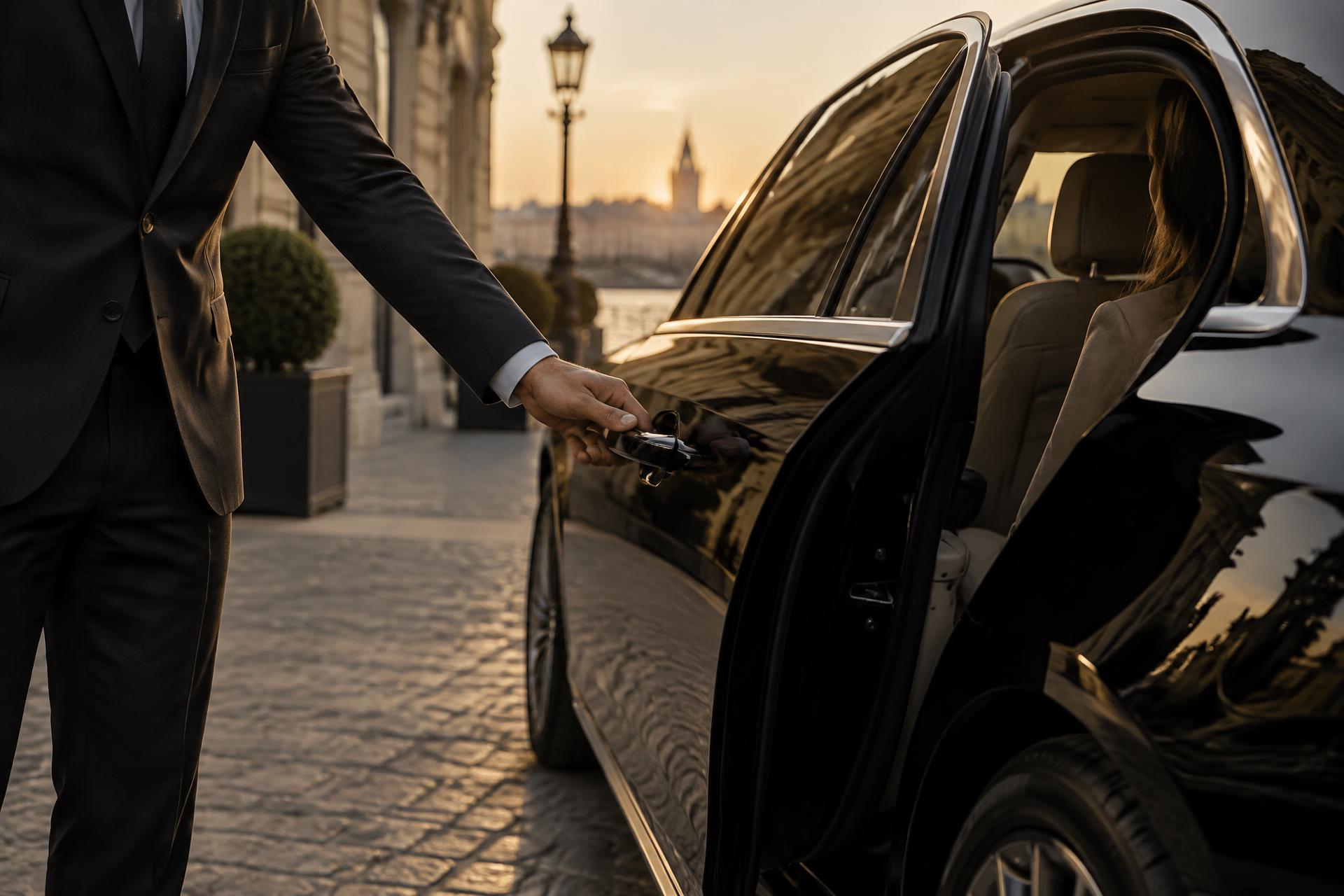 Chauffeur opent de deur van een representatieve zwarte personenauto